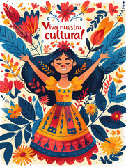 Obraz premium Vibrant poster with text Viva nuestra cultura and woman in traditional dress