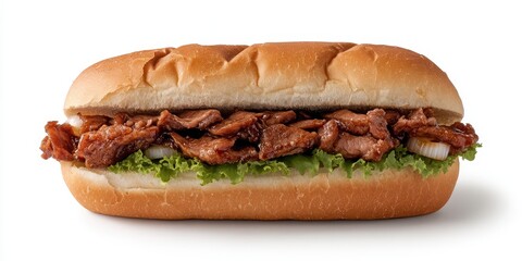 Delicious sandwich with tender meat, fresh lettuce, and a soft bun, perfect for a quick meal or snack any time of the day.