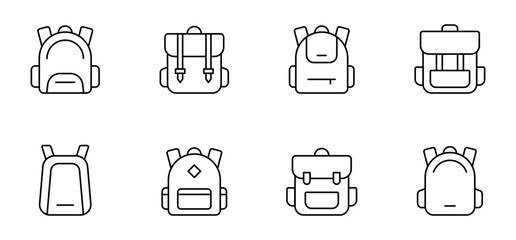 Backpack, school bag icon set. School bag outline vector icons
