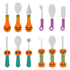 Pumpkin carving kits for creating jack-o-lantern vector cartoon set isolated on a white background.