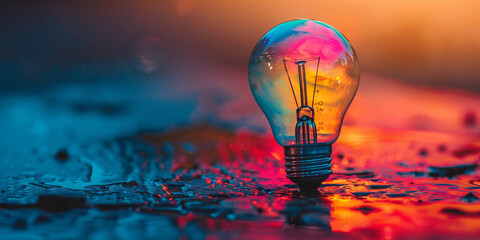 A lightbulb glows against a red and blue oil painting background,

