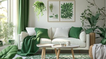 Patterned blanket on wooden bed in grey bedroom interior with plants and posters. Contemporary classic light beige interior with furniture and decor.