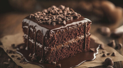 美味しそうなチョコレートケーキをクローズアップでリアルに描いたAI生成画像