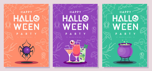 Set of flat Halloween party posters with spider, cauldron with magic potion and cocktails. Halloween spooky background. Vector illustration