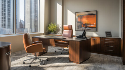 Wooden work desk with laptop and documents, books, Doctor's office interior with modern workplace in clinic.