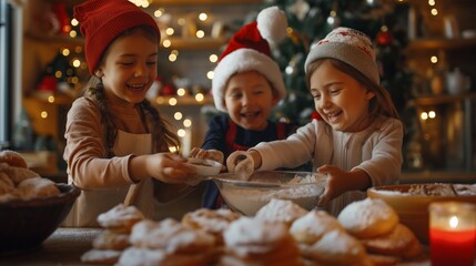 Three girls joyfully baking christmas cookies in a festive kitchen, wearing santa hats, making a mess with cookies, children creating cherished childhood new year memories
