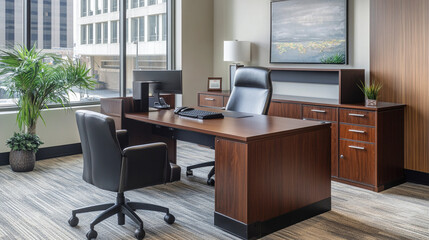 Stylish composition of modern masculine home office workspace interior design, Modern open plan office interior workspace.