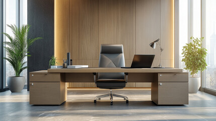 Modern wooden office interior with desktop, equipment, window with city view, modern natural material and creative design working space working room