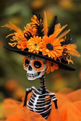 Vibrant skeleton adorned with an orange floral hat, perfect for Halloween and festive celebrations, showcasing a blend of whimsy and color.