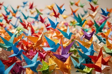 A vibrant scene of colorful origami birds flying together, A vibrant scene of colorful origami birds flying together, representing different cultures and belief systems. Their harmonious flight symbol