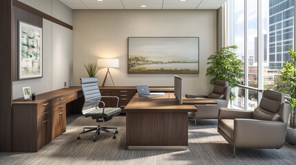 modern office interior, Front view desk with workplace, office supplies, and copy area against white wall.