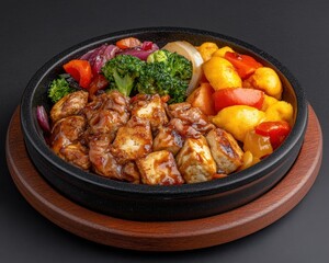 Fototapeta premium Deliciously grilled chicken served with colorful vegetables in a sizzling stone pot. Perfect for food lovers and culinary enthusiasts.