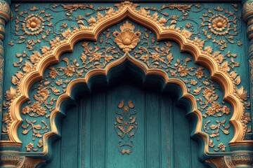 The blue and gold design on the archway is very intricate and detailed