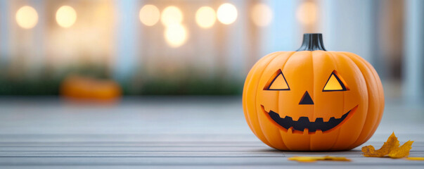 A vibrant Halloween pumpkin with a spooky expression, set against a blurred background, perfect for autumn-themed decor.