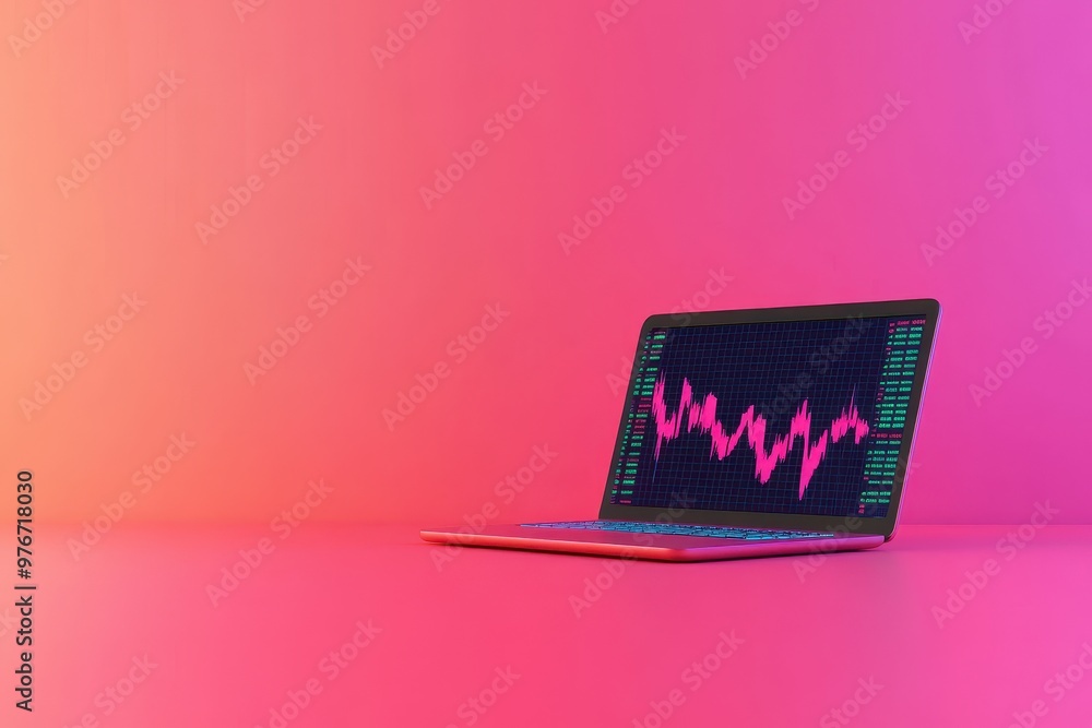 Poster a laptop computer is open to a graph of stock prices