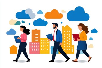 Diverse professionals walking in a vibrant urban landscape, showcasing teamwork and collaboration under colorful clouds.