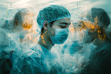 A surreal image of a focused healthcare worker in protective gear, surrounded by abstract elements, signifying stress and intensity in the medical field.
