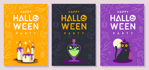 Set of flat Halloween party posters with halloween black cat, magic potion and burning candles. Halloween spooky background. Vector illustration