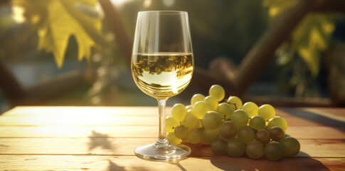 Glass of White Wine with Grapes on Wooden Table in Sunlight