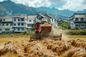 Naklejka premium During the harvest season, harvesters work in the fields