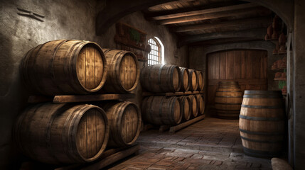 Old Wooden Barrels in a Vintage Cellar