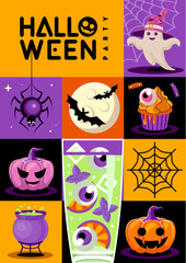 Halloween  flat party poster with cocktail, full moon, bat, halloween pumpkin, spider, ghost and bat. Halloween spooky background. Vector illustration