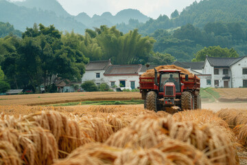 Naklejka premium During the harvest season, harvesters work in the fields