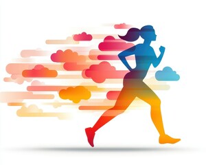 Dynamic silhouette of a runner in motion, representing fitness, speed, and an active lifestyle amidst colorful clouds.
