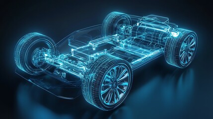 Fototapeta premium Wireframe Rendering of a Car Chassis with Glowing Blue Lines