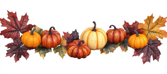 Autumn Leaves and Pumpkins on White Background