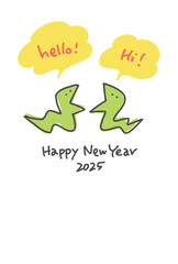 手描きの英語で挨拶をする2匹の蛇の年賀状イラスト　2025