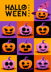 Halloween  flat party poster with cartoon smiling halloween pumpkins. Halloween spooky background. Vector illustration
