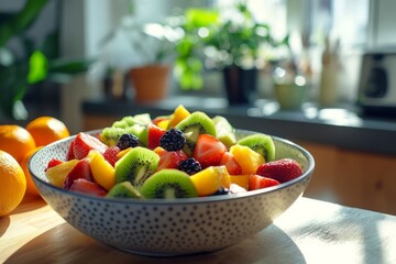 Bright and colorful fruit salad in a bowl. Fresh fruits like kiwi mango berries and strawberries create a healthy treat. Perfect for summer or breakfast. Generative AI