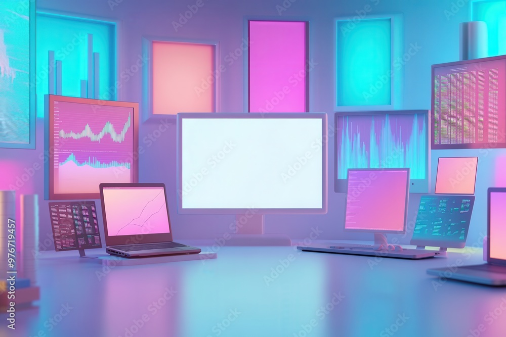 Poster a computer monitor sits on a desk with four other monitors