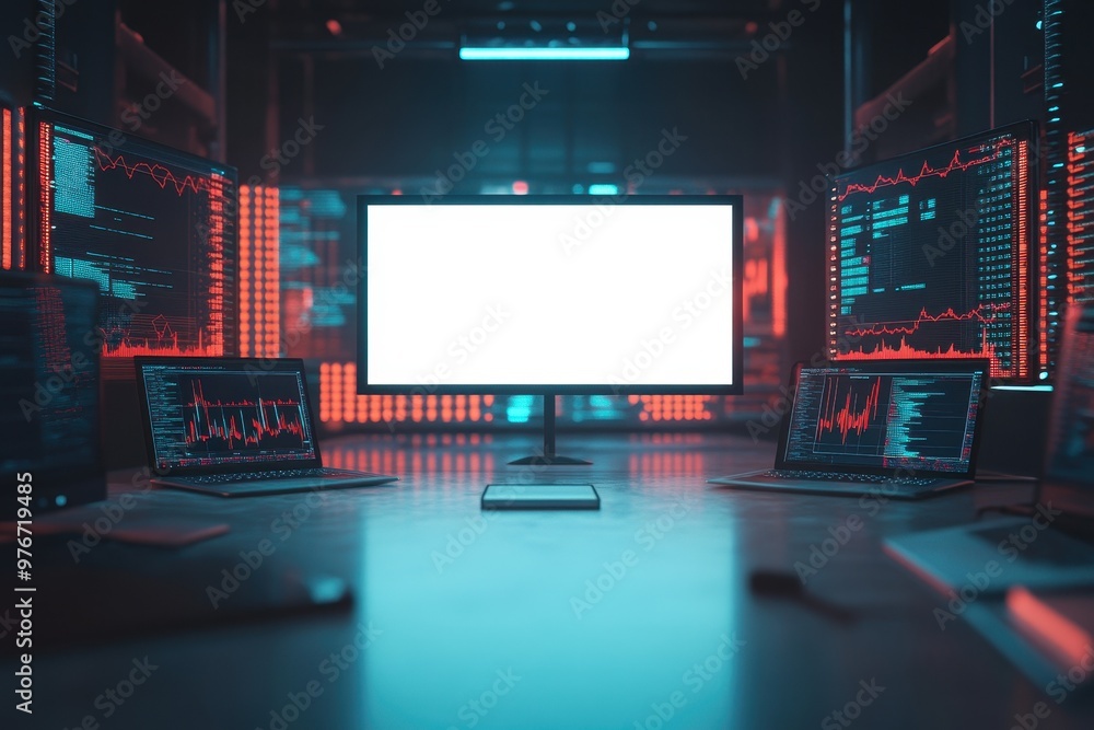 Poster a computer monitor sits on a desk with four other monitors