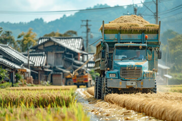 Fototapeta premium During the harvest season, harvesters work in the fields