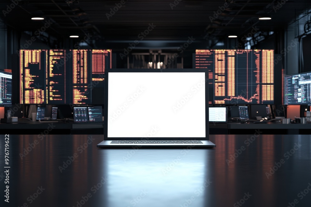 Poster a computer monitor sits on a desk with four other monitors