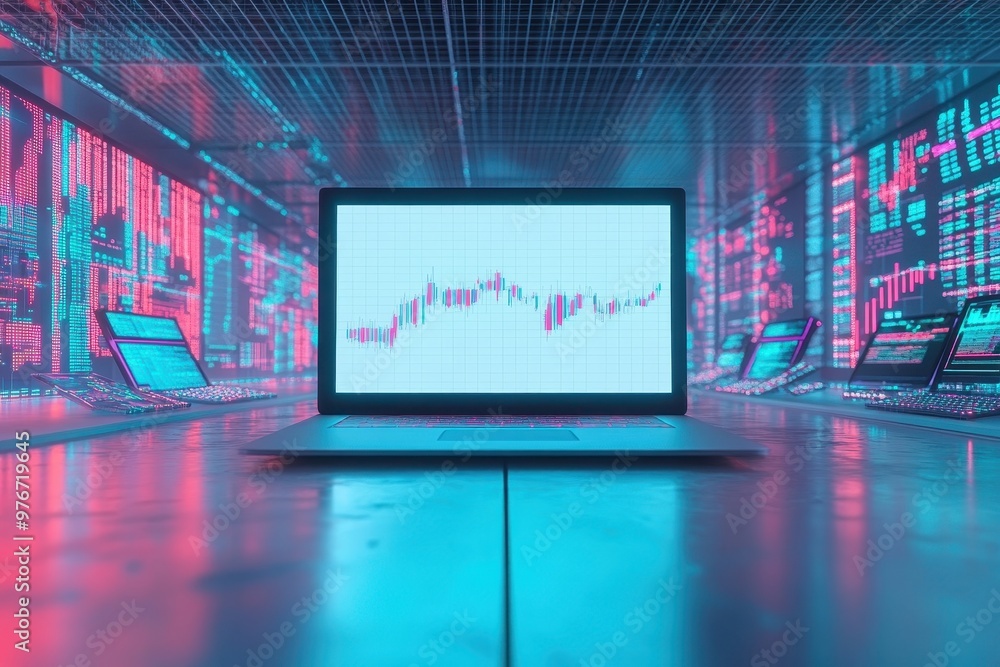 Poster a computer monitor sits on a desk with four other monitors
