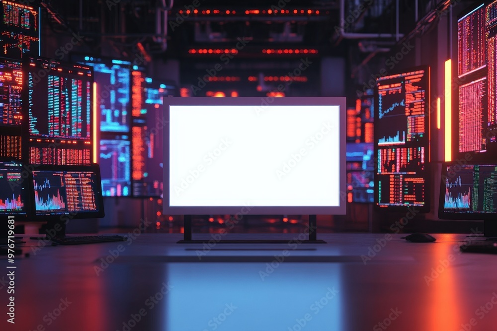 Poster a computer monitor sits on a desk with four other monitors