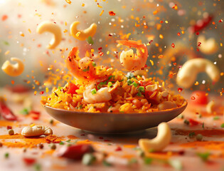 Exploding Ingredients of Spanish Paella Captured in Dynamic Seafood Photography