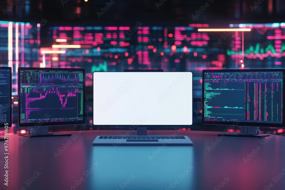 Poster a computer monitor sits on a desk with four other monitors