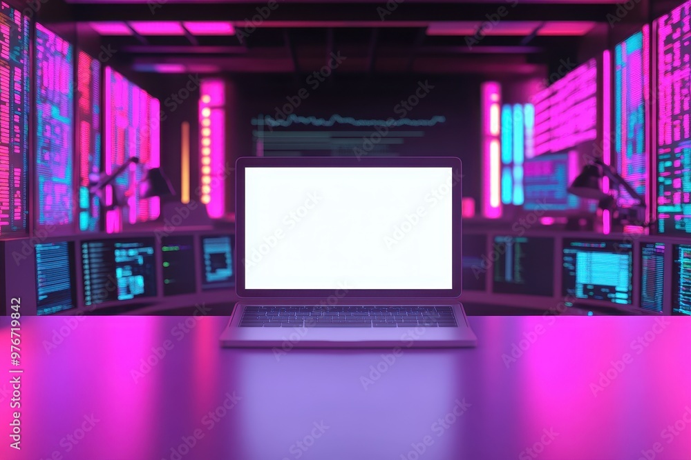 Poster a computer monitor sits on a desk with four other monitors