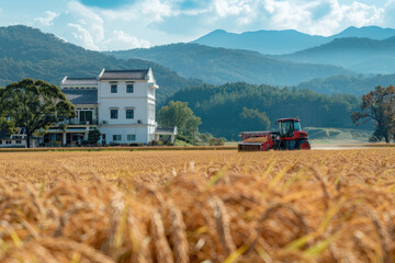 Naklejka premium During the harvest season, harvesters work in the fields
