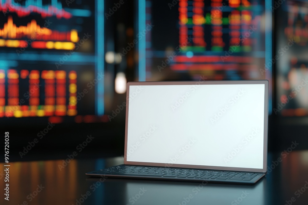 Poster a laptop is open on a table with a blank screen
