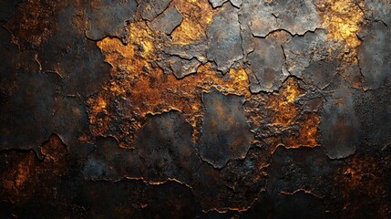 A corroded metal and concrete surface with visible wear and tear, scratches and cracks, illuminated by subtle light, dark grunge aesthetic