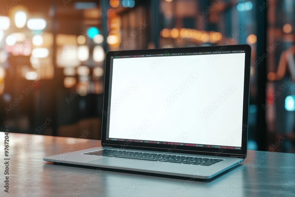 Poster a laptop is open on a table with a blank screen