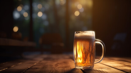 Glass of Beer on Wooden Table with Blurred Background