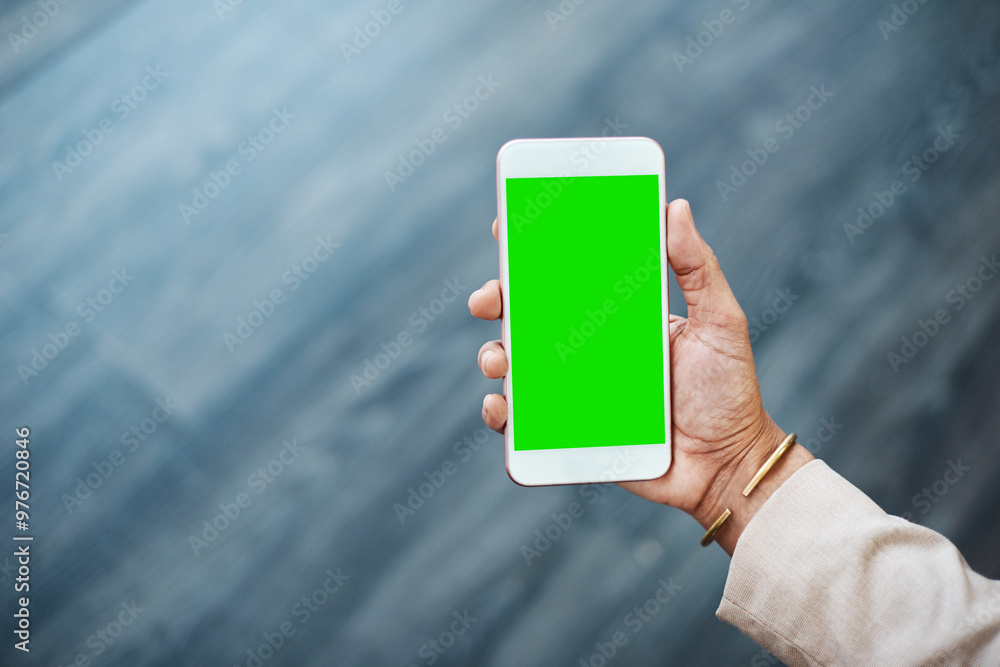 Poster hand, phone and green screen in office with display for mockup space, ui and web at company. person,