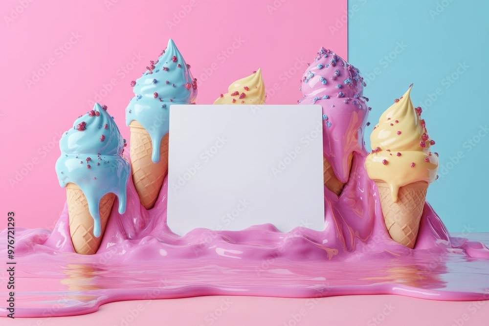 Poster a white sign is placed in front of a row of colorful ice cream cones