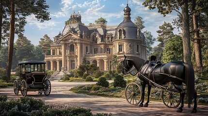 Naklejka premium Elegant Estate with Majestic Architecture and Exotic Garden: Perfect Poster for Sporting Interiors Featuring a Polished Black Horse by a Stylish Carriage
